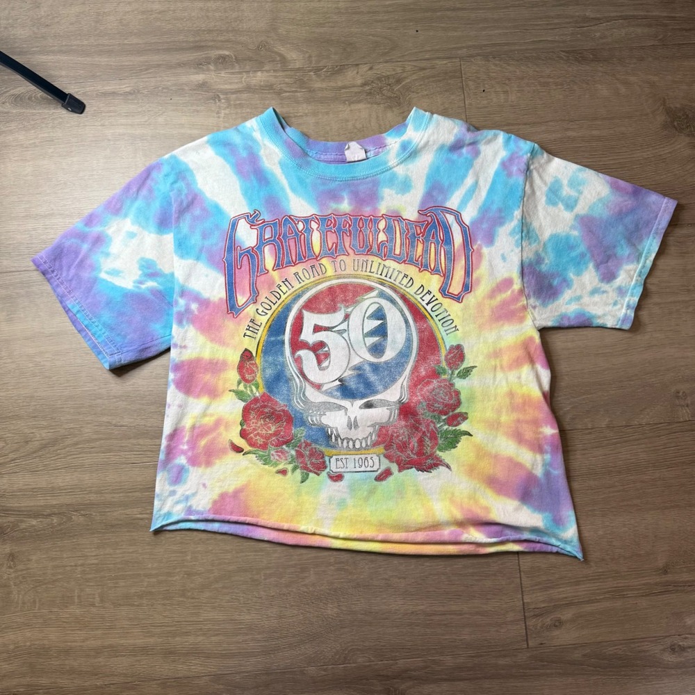 Grateful Dead T Shirt Womens S Multi Tie Dye Cropped 50th Anniversary Graphic